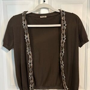 Miu Miu Dark Brown short sleeve cardigan with Intricate Lace/beading Detail